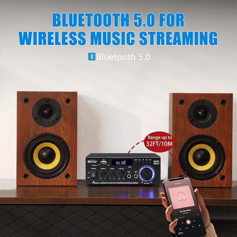 WOOPKER AK45 Pro Amplifier Home Audio Stereo Receivers with Bluetooth 5.0,Max 400W,2.0 Channel Stereo Amplifier System for Home Theater Speakers, Karaoke,Garage,Home Amp with USB,SD,RCA,2 MIC in - Image 3